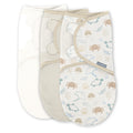 3 fitted swaddles - solid white, beige and white stripes and an under the sea design, on a white background. 