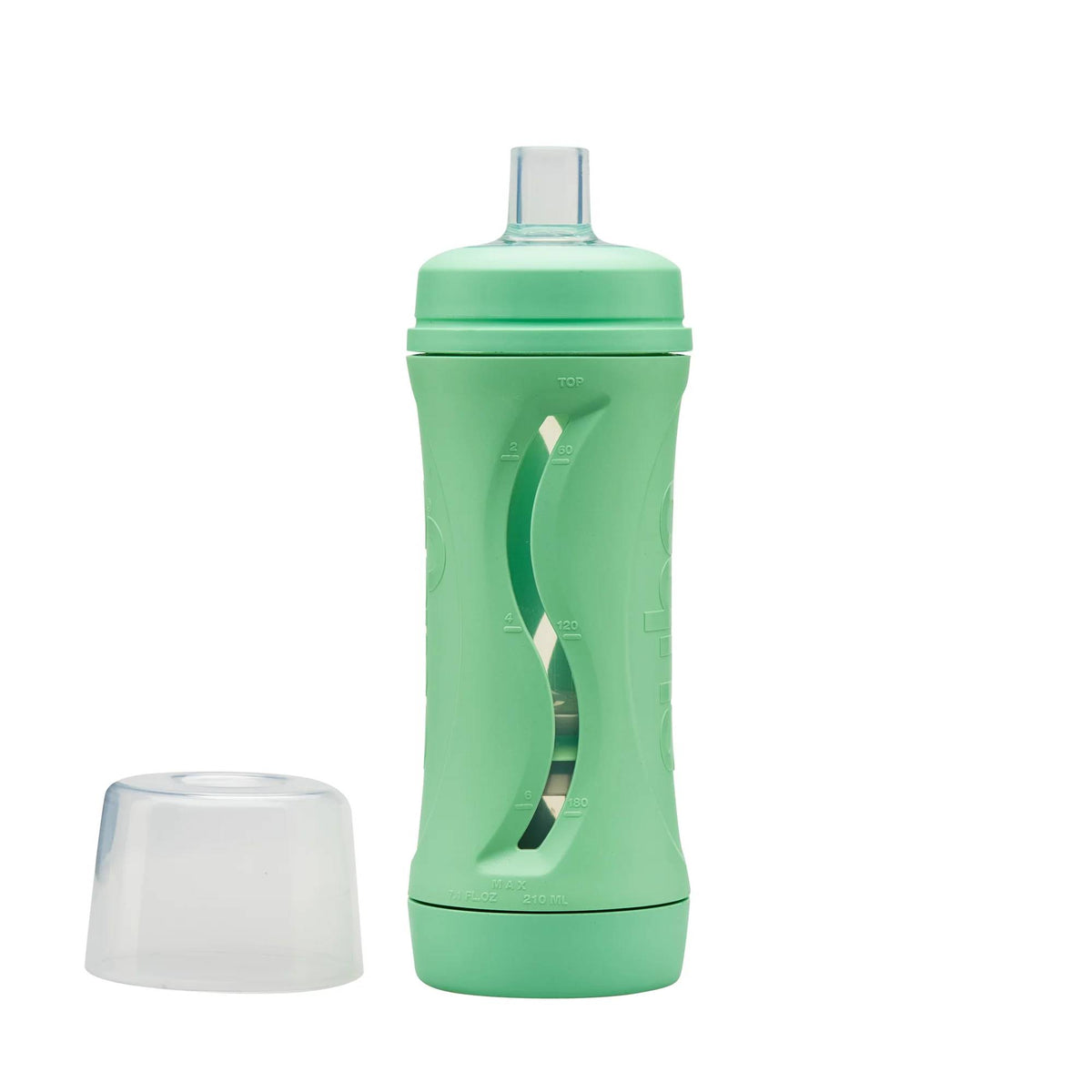 Green food bottle with a white cap on a white background