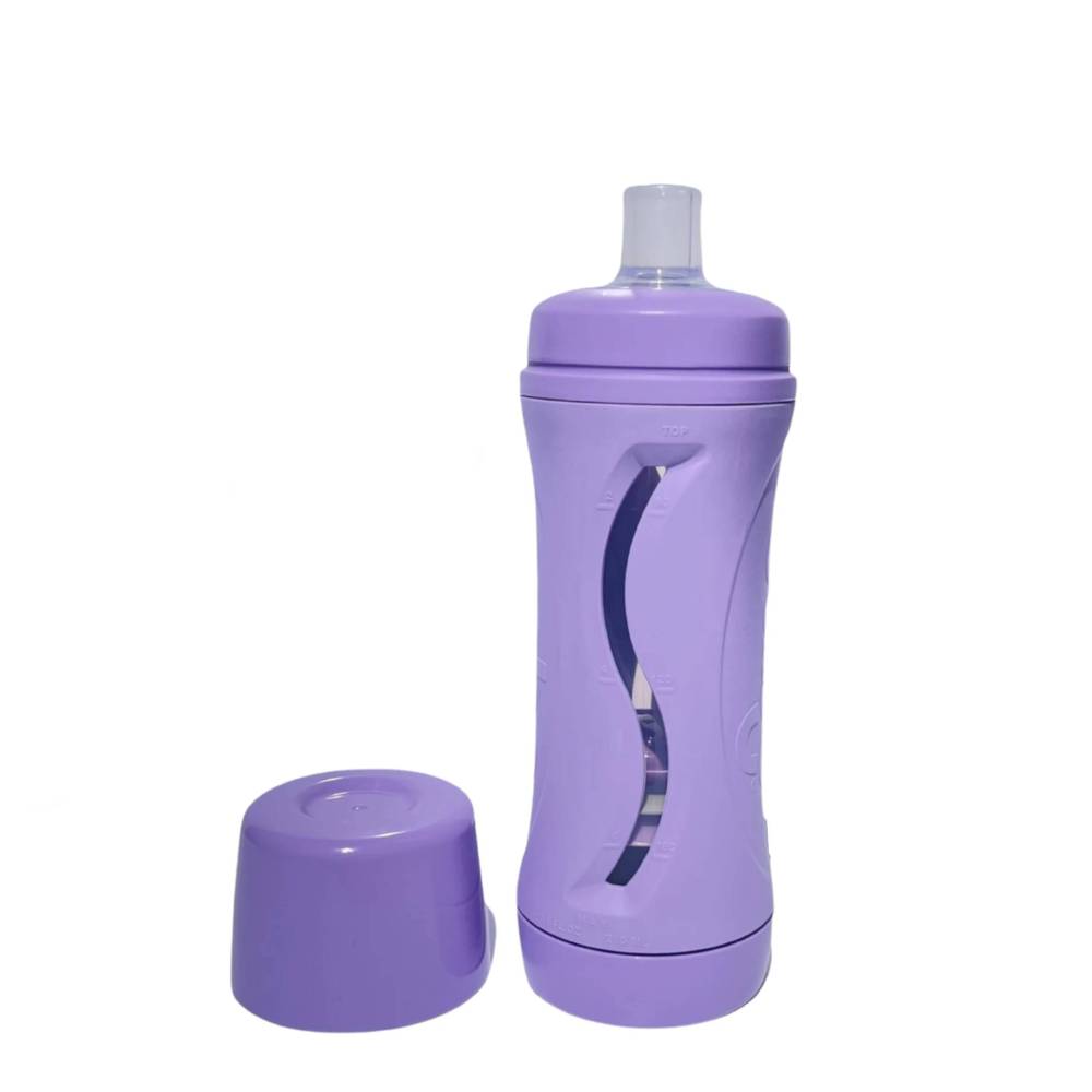 Lavender food bottle with a matching cap on a white background