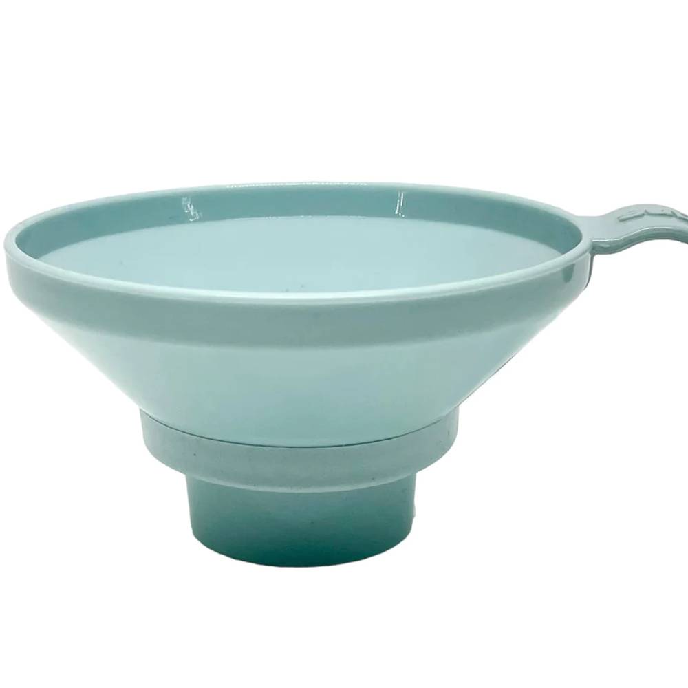 Duck egg blue funnel with handle on a white background