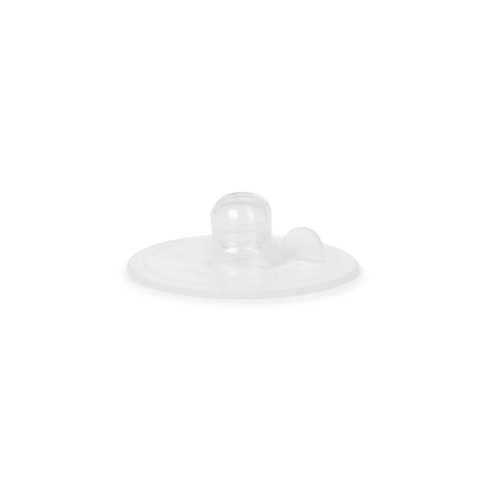 Clear silicone baby bottle valve on a white background
