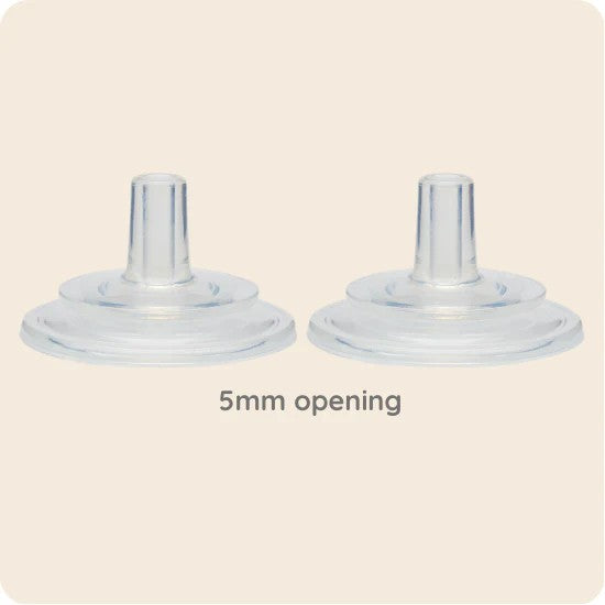 Two clear silicone spouts with a 5mm opening on a beige background