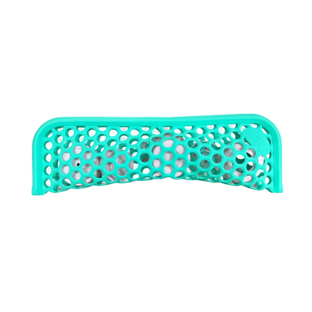 Turquoise silicone mesh cleaning pouch on a white background