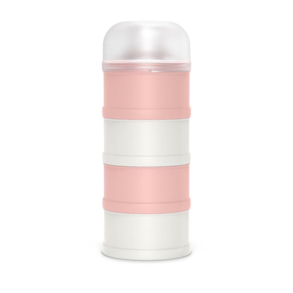Pink and cream Suavinex milk powder storage container against white background.