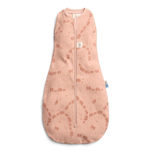 Pink baby sleeping bag with elephant pattern on a white background