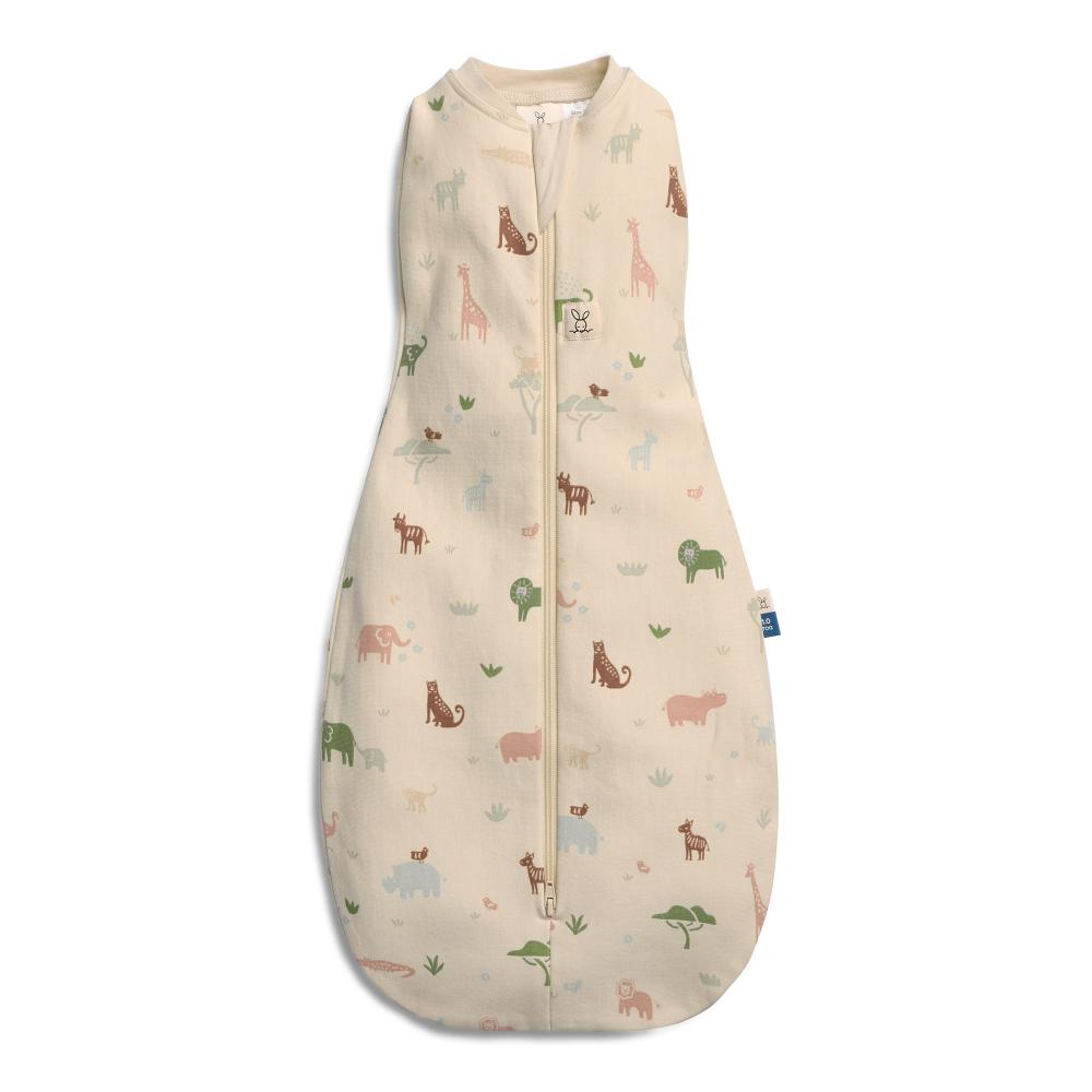 Baby swaddle bag with animal patterns on a white background