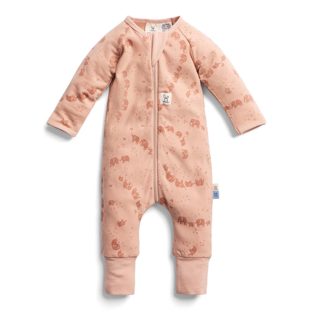 Pink baby onesie with elephant pattern on a white background