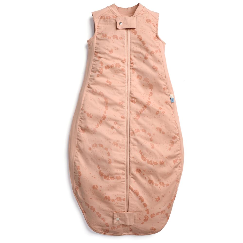 Pink baby sleeping bag with floral pattern on a white background