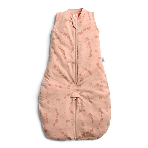 Pink baby sleeping bag with floral pattern on a white background