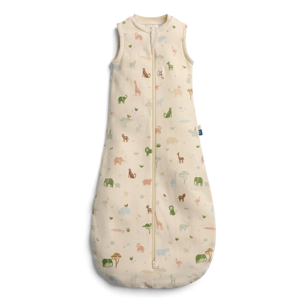 Baby sleeping bag with animal pattern on a white background