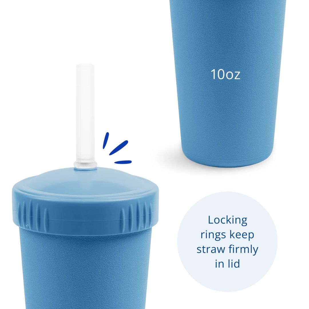 Blue 10oz insulated tumbler with a lid and clear straw, shown with a close-up of the lid and a text callout explaining that locking rings keep the straw firmly in the lid.