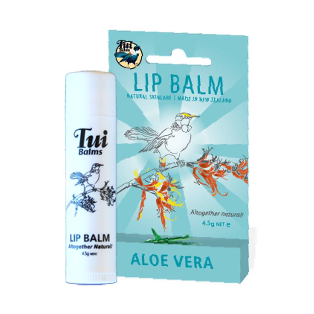 Tui Aloe Vera blue lip balm and package against white background.