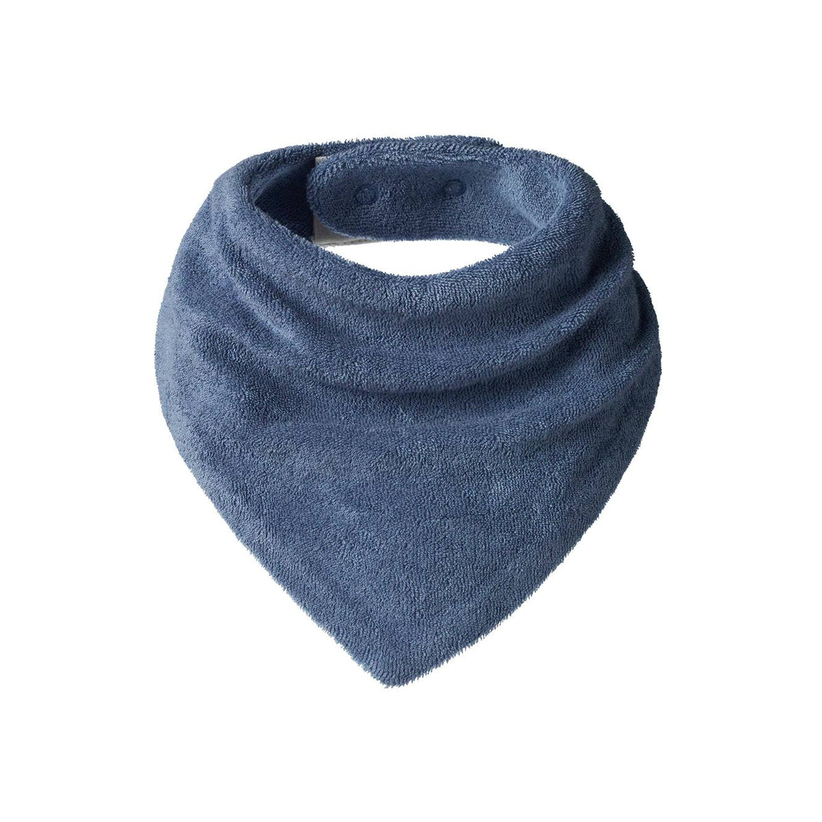 Blue cotton terry cloth bandana bib with snap closures on a white background