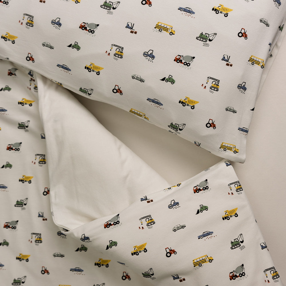 Matching duvet cover and pillowcase with all over vehicles print. 