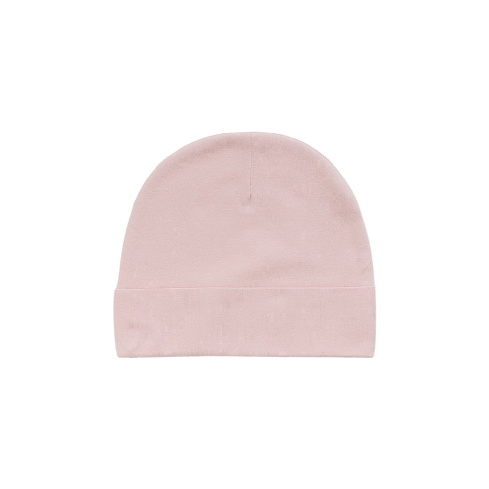 Organic Cotton Newborn Beanie - Blush Pink on a white background.