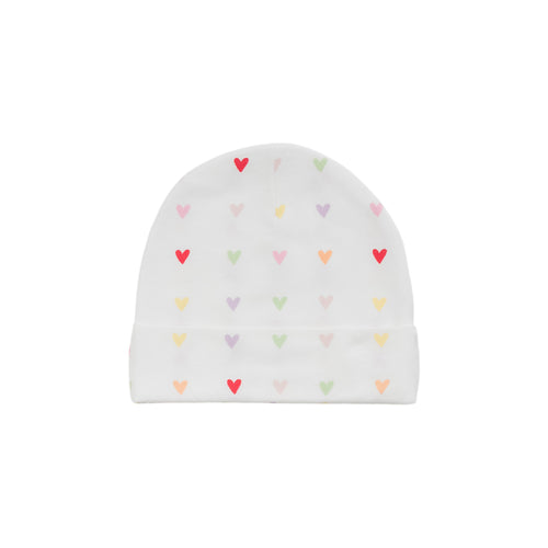 Organic Cotton Newborn Beanie - Mini Hearts on a white background.