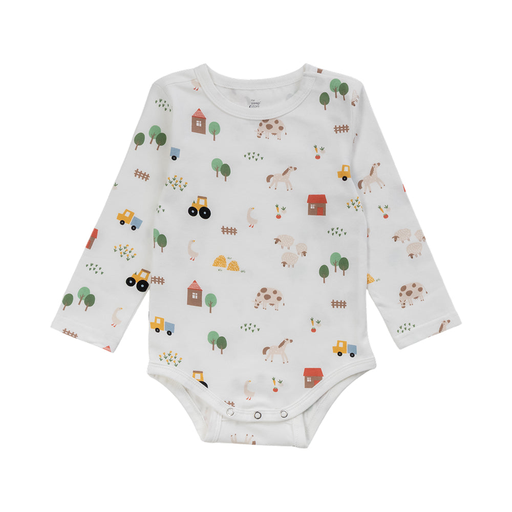 Organic Cotton Long Sleeve Bodysuit - Farm Yard on a white background. Whitewith an all over farm print. 