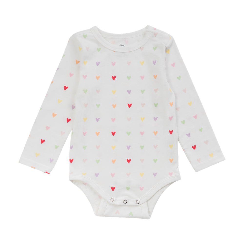 Organic Cotton Long Sleeve Bodysuit - Mini Hearts on a white background. White with an all over heart print. 