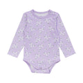 Organic Cotton Long Sleeve Bodysuit - Lilac Daisy on a white background. Lilac with an all over floral print. 
