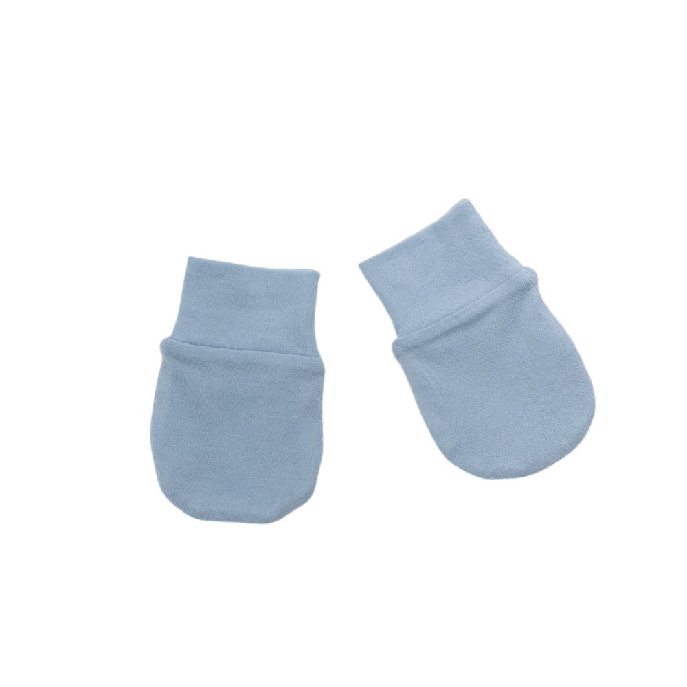 Organic Cotton Newborn Mittens - Blue on a white background. 