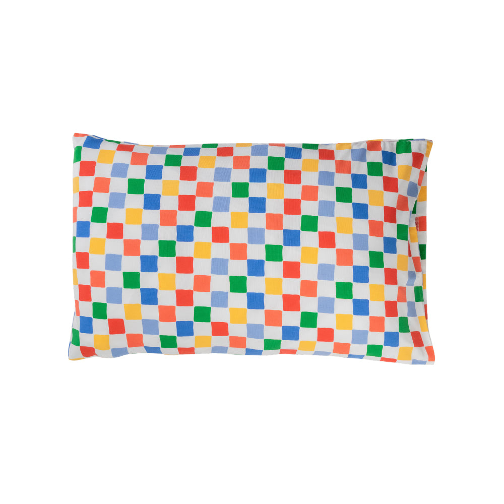 Cotton toddler pillowcase on a white background. Bright coloured check print. 