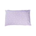 Cotton toddler pillowcase on a white background. Lilac base with an all over floral print. 