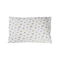 Cotton toddler pillowase. White base with an all over vehicles print. 