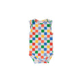 Organic cotton singletsuit on a white background. Bright coloured check print. 