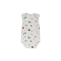 Organic cotton singletsuit on a white background. White base with an all over farmyard print. 