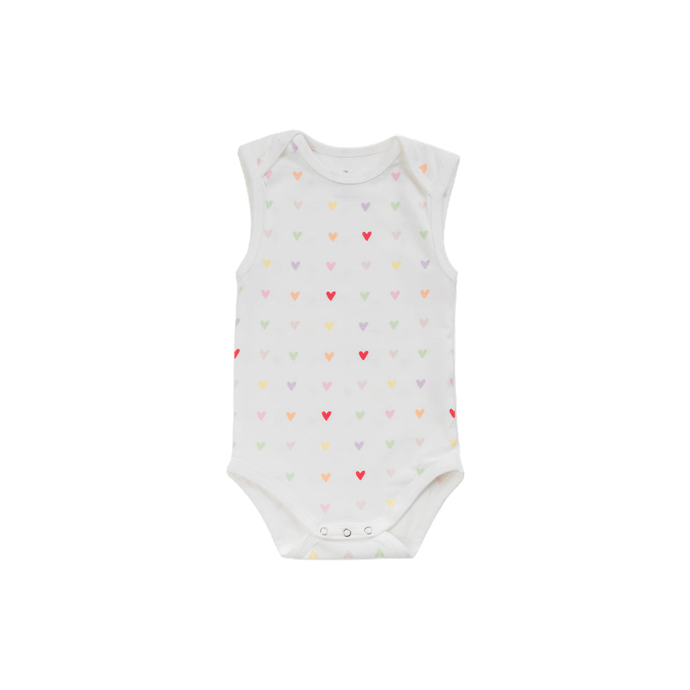 Organic cotton singletsuit on a white background. White base with an all over hearts print. 