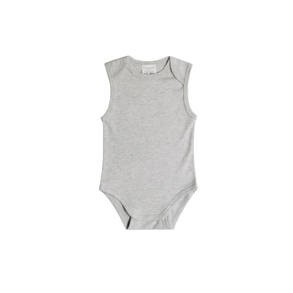 Grey organice cotton sleeveless baby bodysuit on a white background