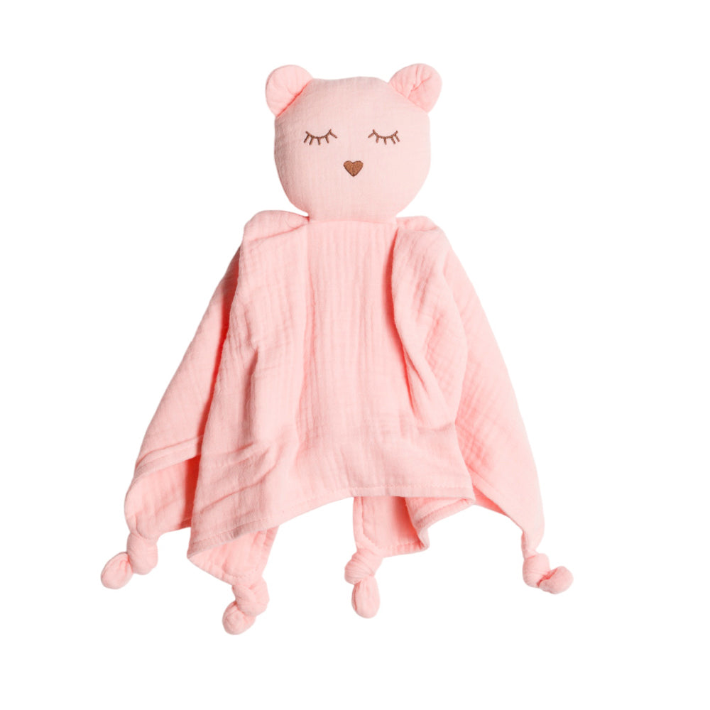Pink baby cotton muslin comforter with bear face design on a white background
