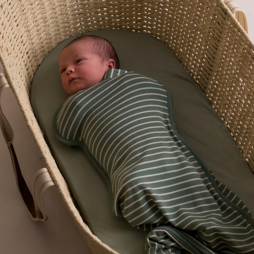 Newborn baby swaddled in a green and white striped swaddle in a woven basket.