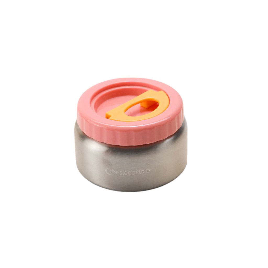 Insulated food jar with pink screw lid on a white background