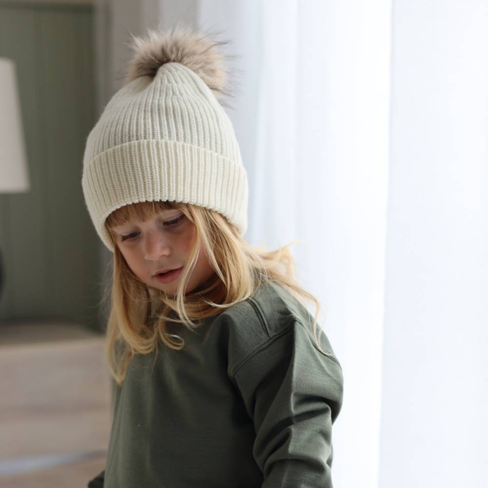 Merino Knit Pompom Beanie - Grey Marl