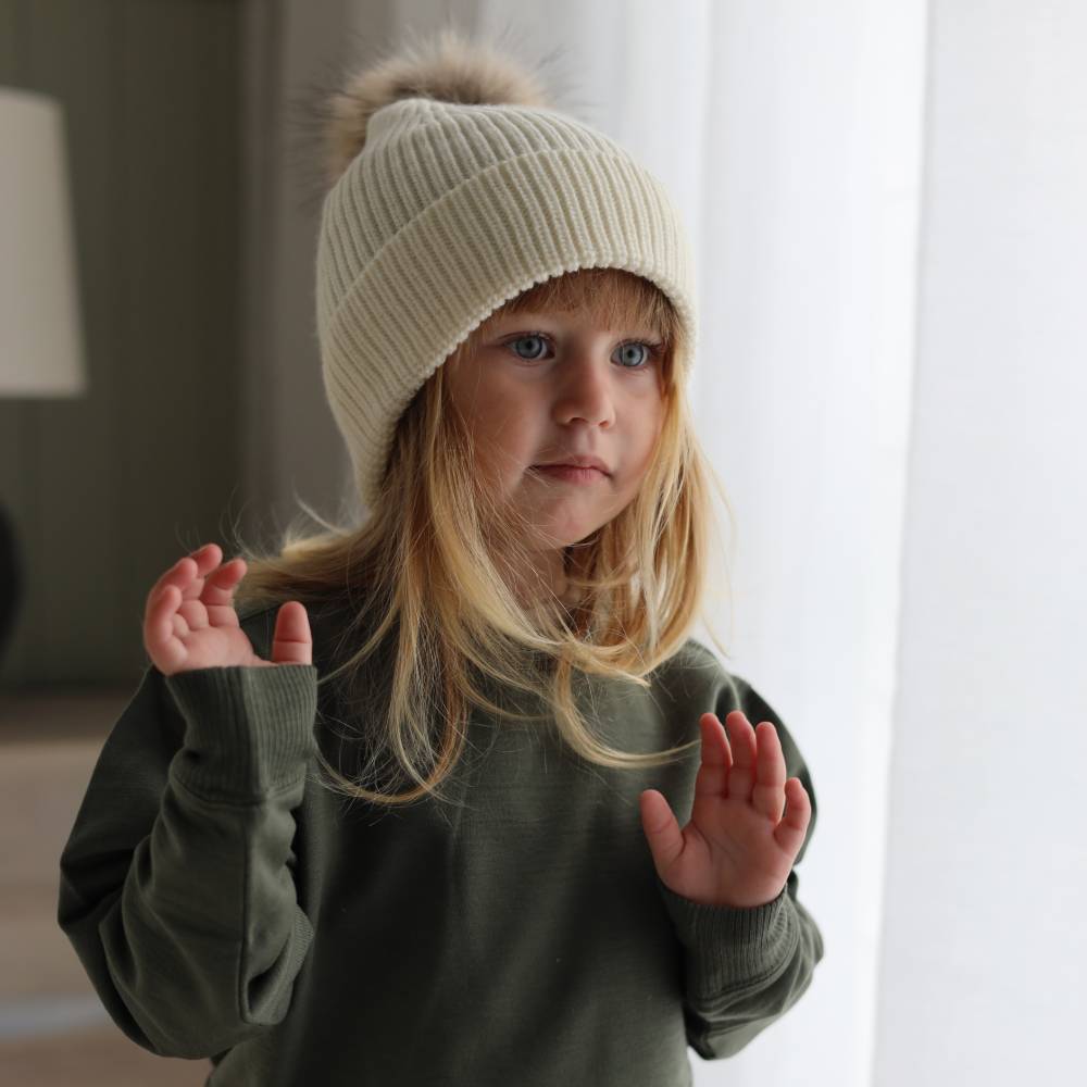 Merino Knit Pompom Beanie - Grey Marl