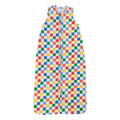 A sleeveless cotton baby sleep sack with a check print, shown flat against a white background.
