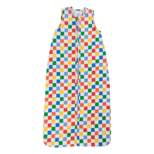 A sleeveless cotton baby sleep sack with a check print, shown flat against a white background.