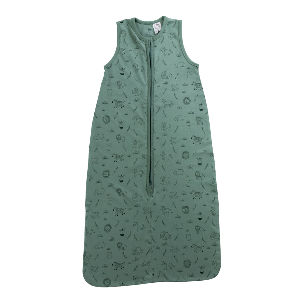 A sleeveless cotton baby sleep sack with fern safari print, shown flat against a white background.