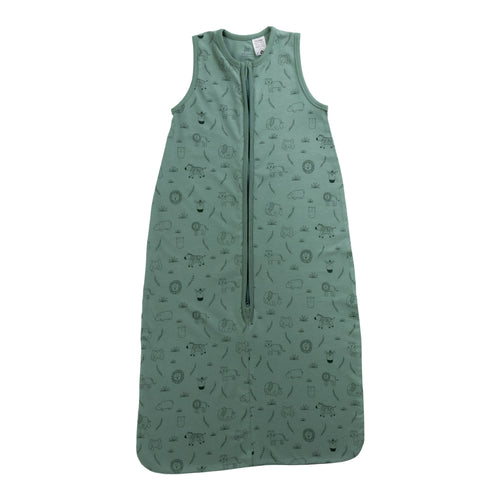 A sleeveless cotton baby sleep sack with fern safari print, shown flat against a white background.