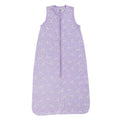 A sleeveless cotton baby sleep sack with a floral print on a lilac background, shown flat against a white background.