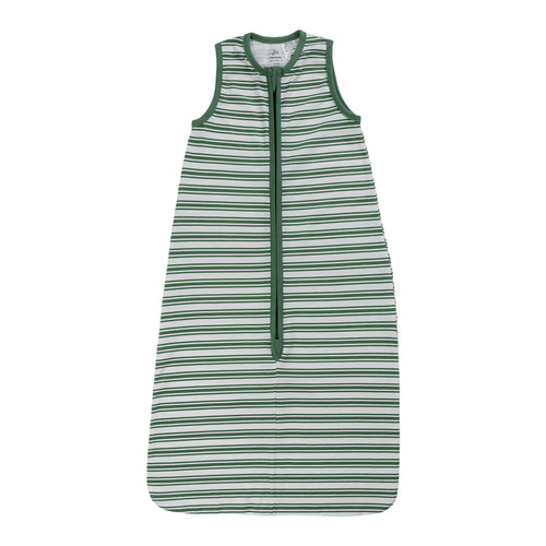 A sleeveless cotton baby sleep sack with our pine stripe print, shown flat against a white background.