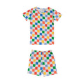 Cotton summer Pjs in a bright colour check print on a white background. 