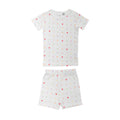 Cotton summer Pjs on a white base with an all over mini hearts print on a white background. 