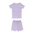 Cotton summer Pjs on a lilac base with an all over floral print on a white background. 