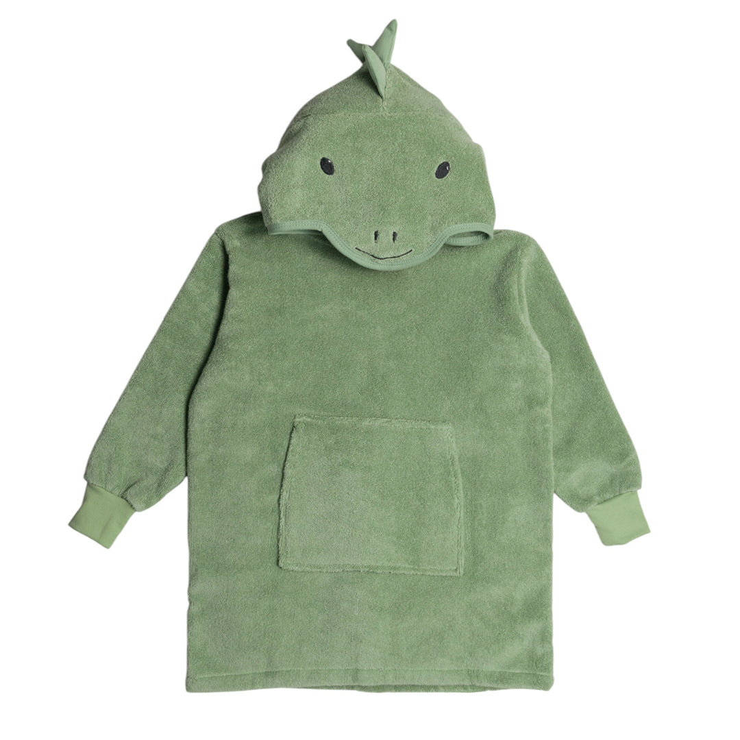 Green Towelling Hoodie with a dino hood and front pocket on a white background