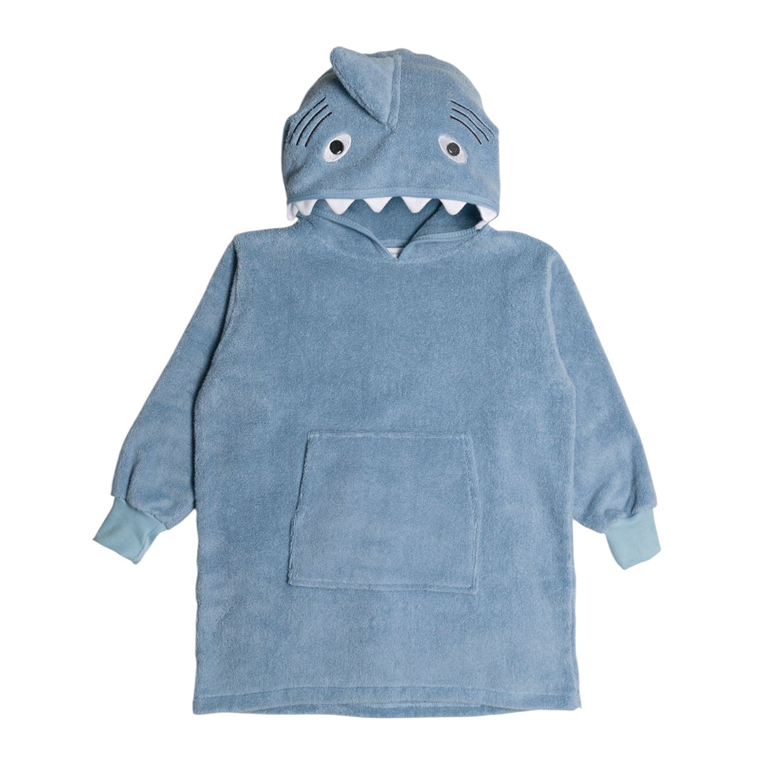 Blue Towelling Hoodie with a shark hood and front pocket on a white background