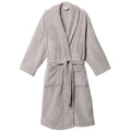 Grey cotton towelling bathrobe with waist tie on a white background