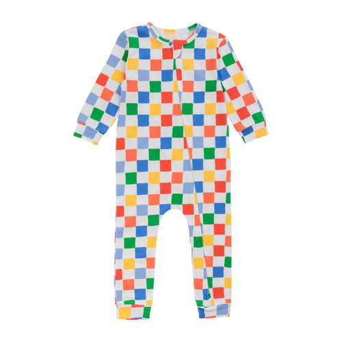 Cotton Zipsuit in a bright coloured check print on a white background. 