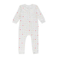 Cotton Zipsuit with a white base and an all over heart print on a white background. 